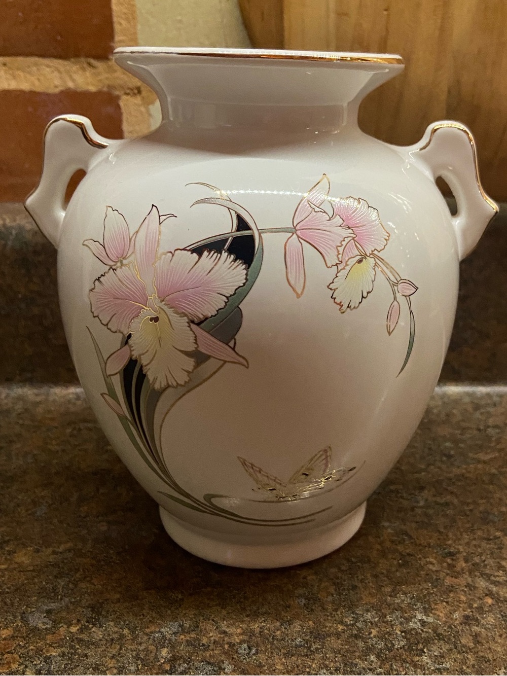 Fine China Porcelain Japan White Vase with Pink Floral and Butterfly Motif
